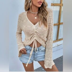 Tilly's Sky & Sparrow Blush Long Sleeve Crochet Crop top, Rushed Front Size XL